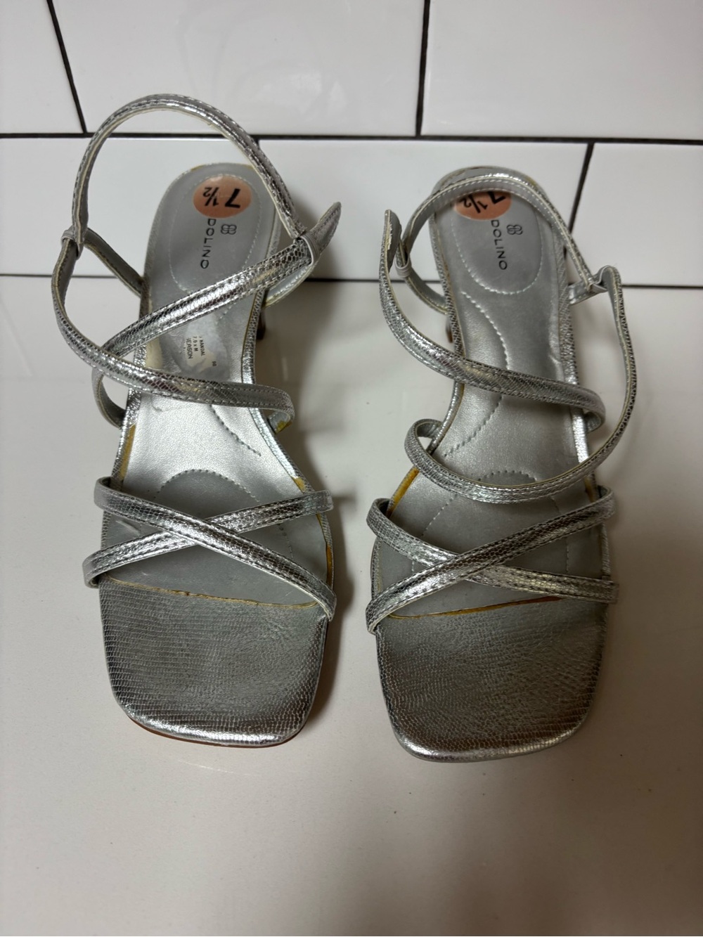 Bandolino Strappy Metallic Silver Square-Toe Heels 7.5